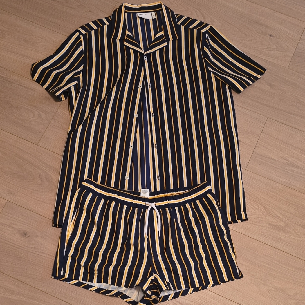 ASOS Navy and Yellow Striped Men Swim Board Shorts
